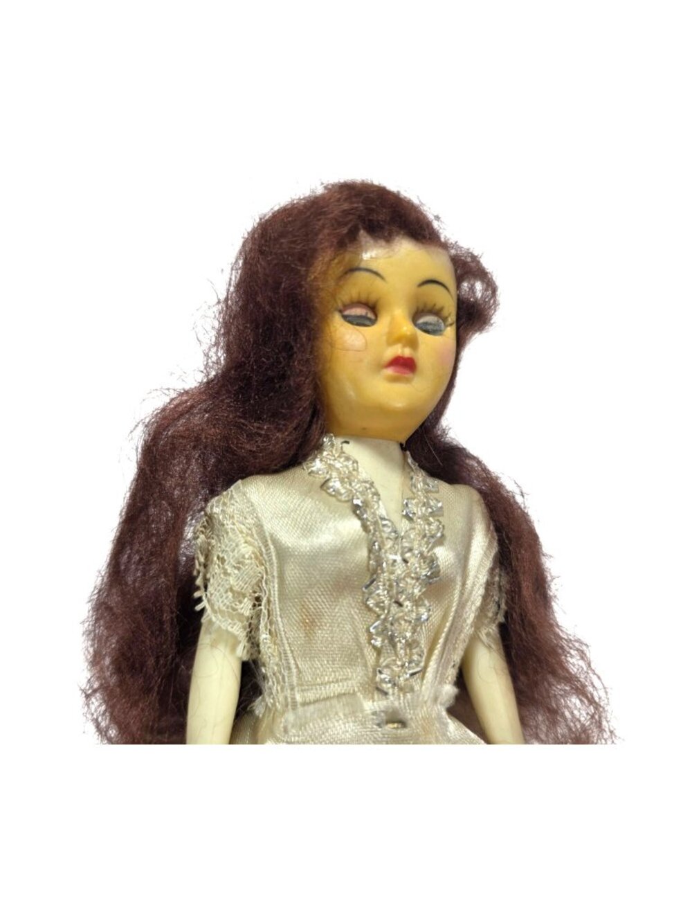 Vtg Doll Lace Gown Sleepy Eyes Brown Hair 10-Inch Bride Collectible Figure